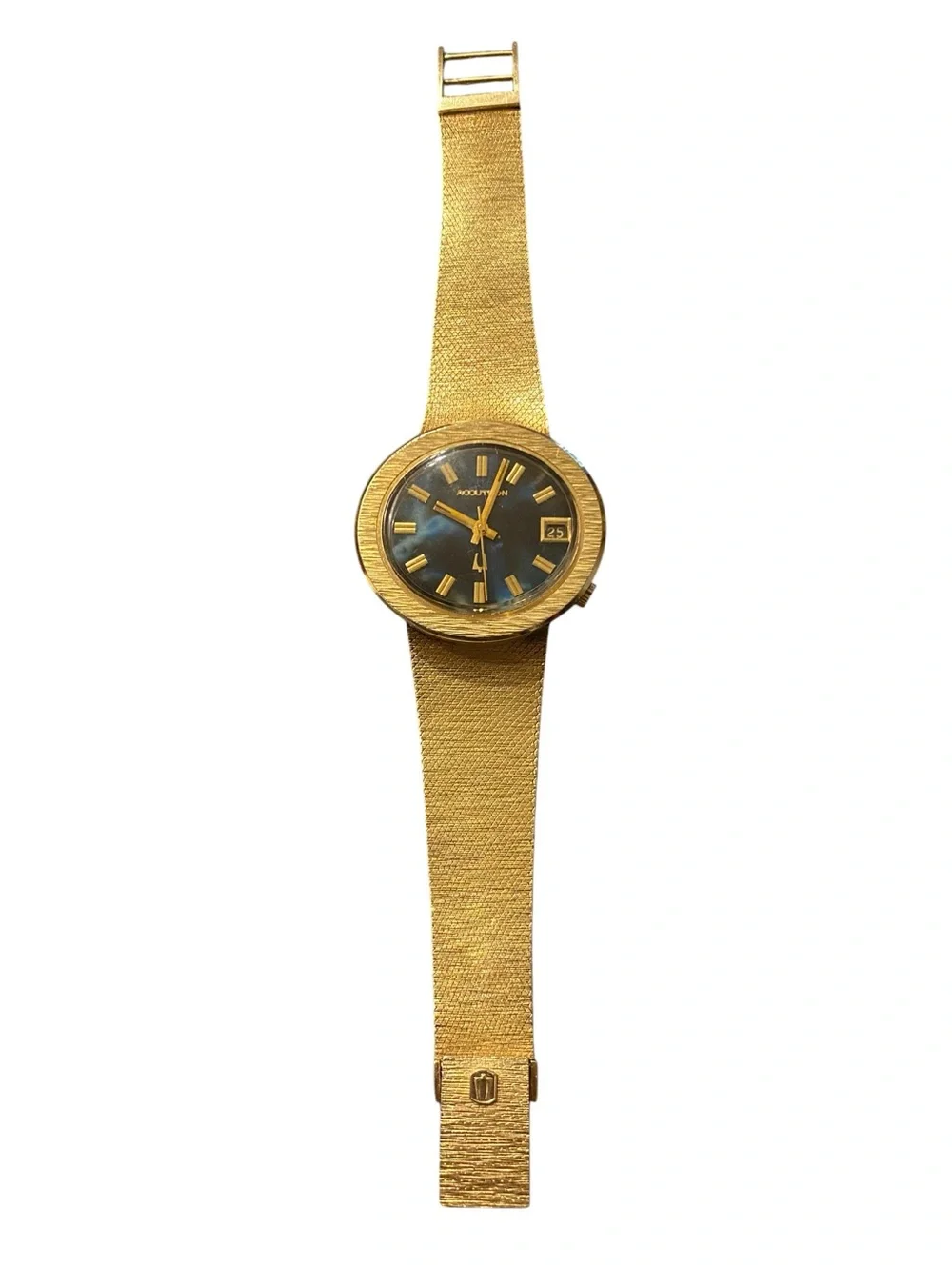 Estate Bulova Accutron 14k Gold Watch with Blue Lapis Dial and gold numeral mark